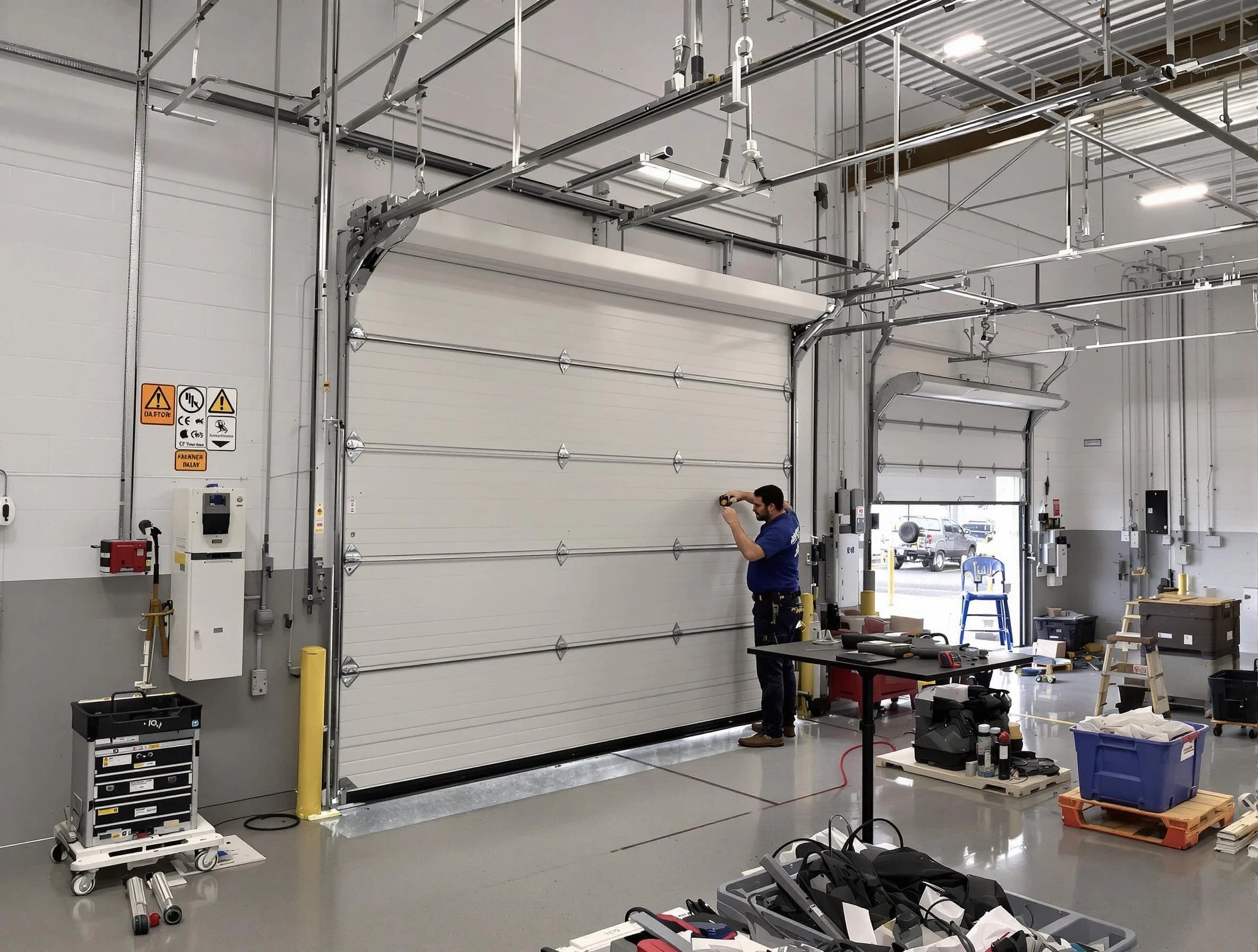 Commercial garage door repair being performed by Lawrenceville Garage Door Repair expert in Lawrenceville