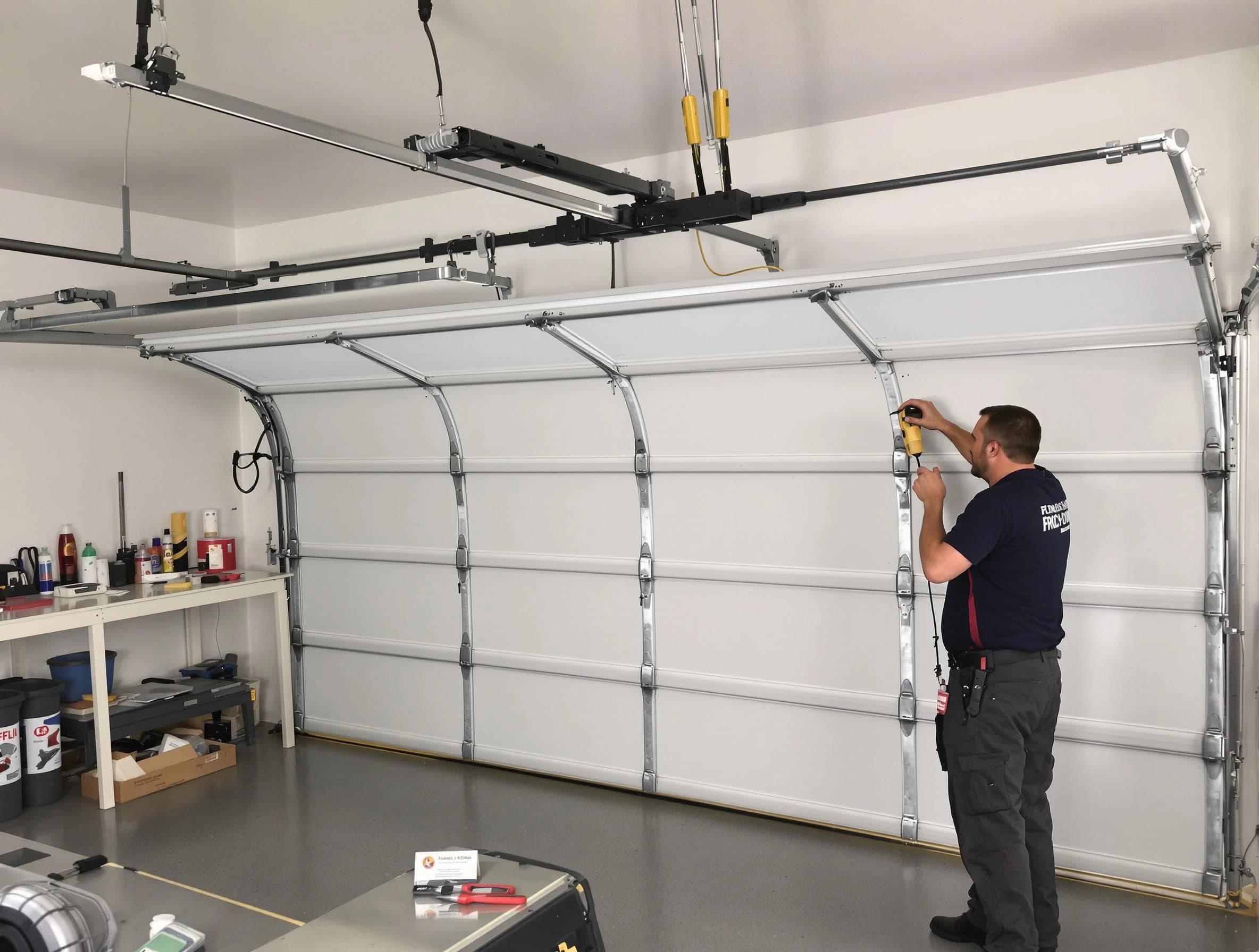 Lawrenceville Garage Door Repair certified technician performing overhead door system repair in Lawrenceville