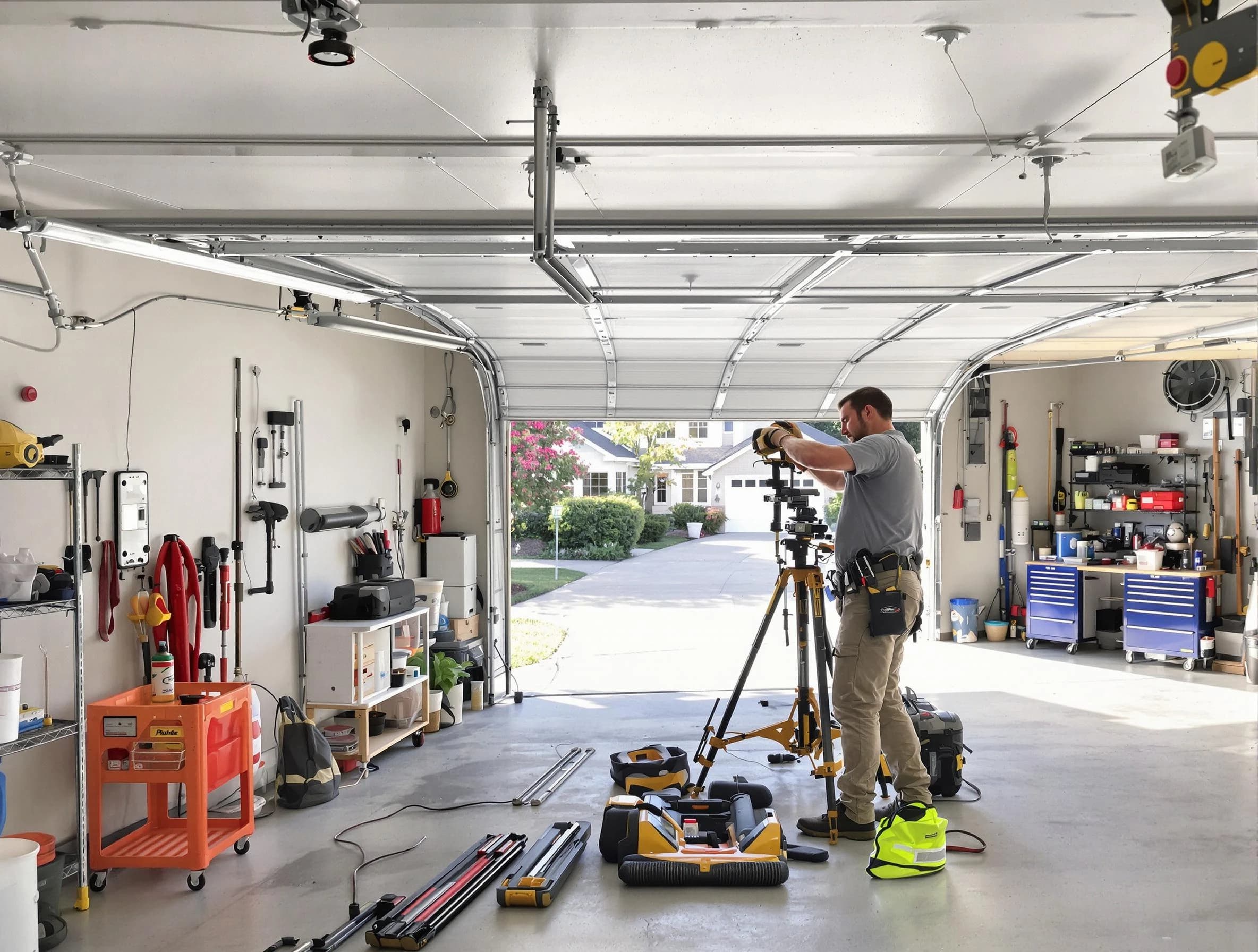Lawrenceville Garage Door Repair specialist performing laser-guided track alignment in Lawrenceville