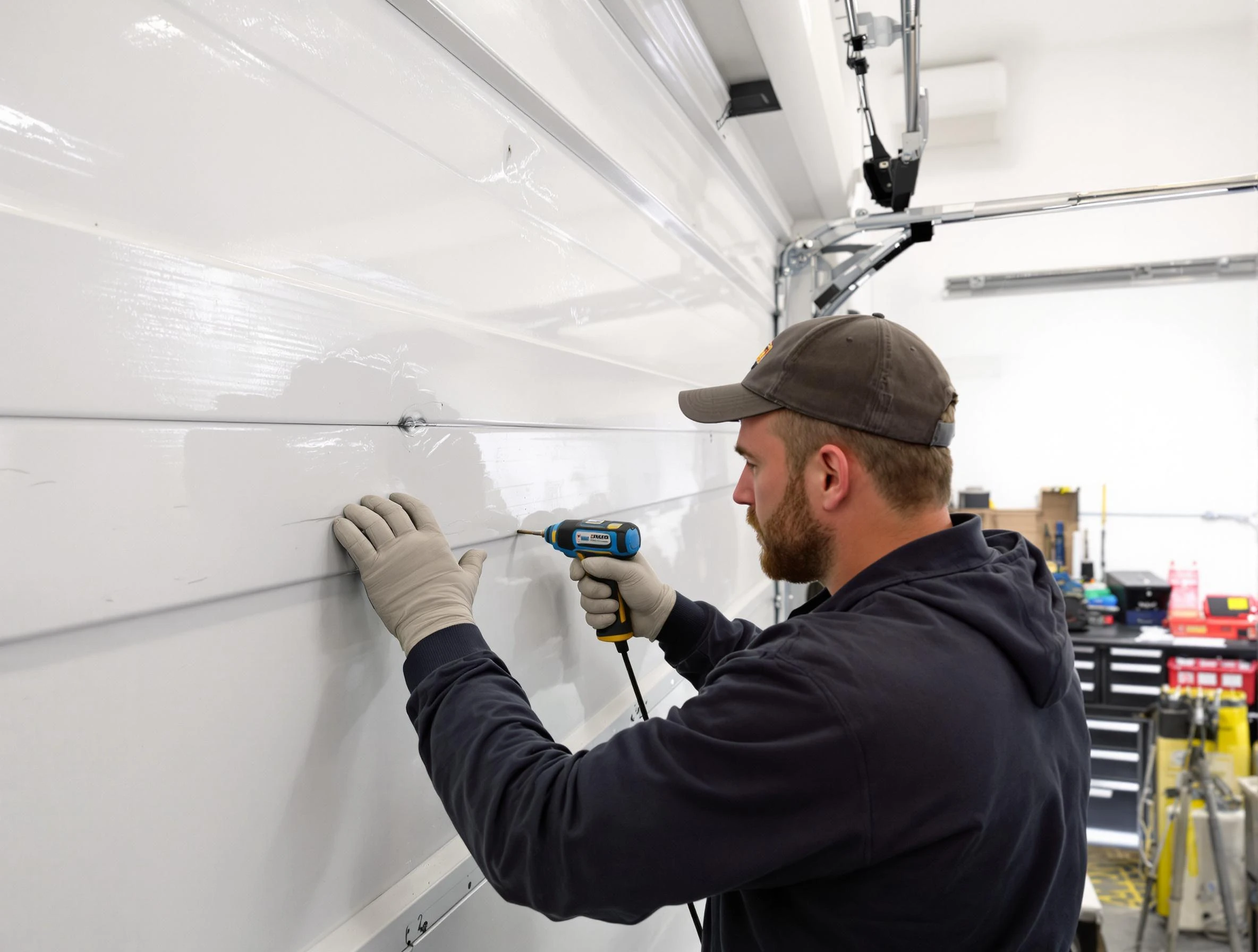 Lawrenceville Garage Door Repair technician demonstrating precision dent removal techniques on a Lawrenceville garage door